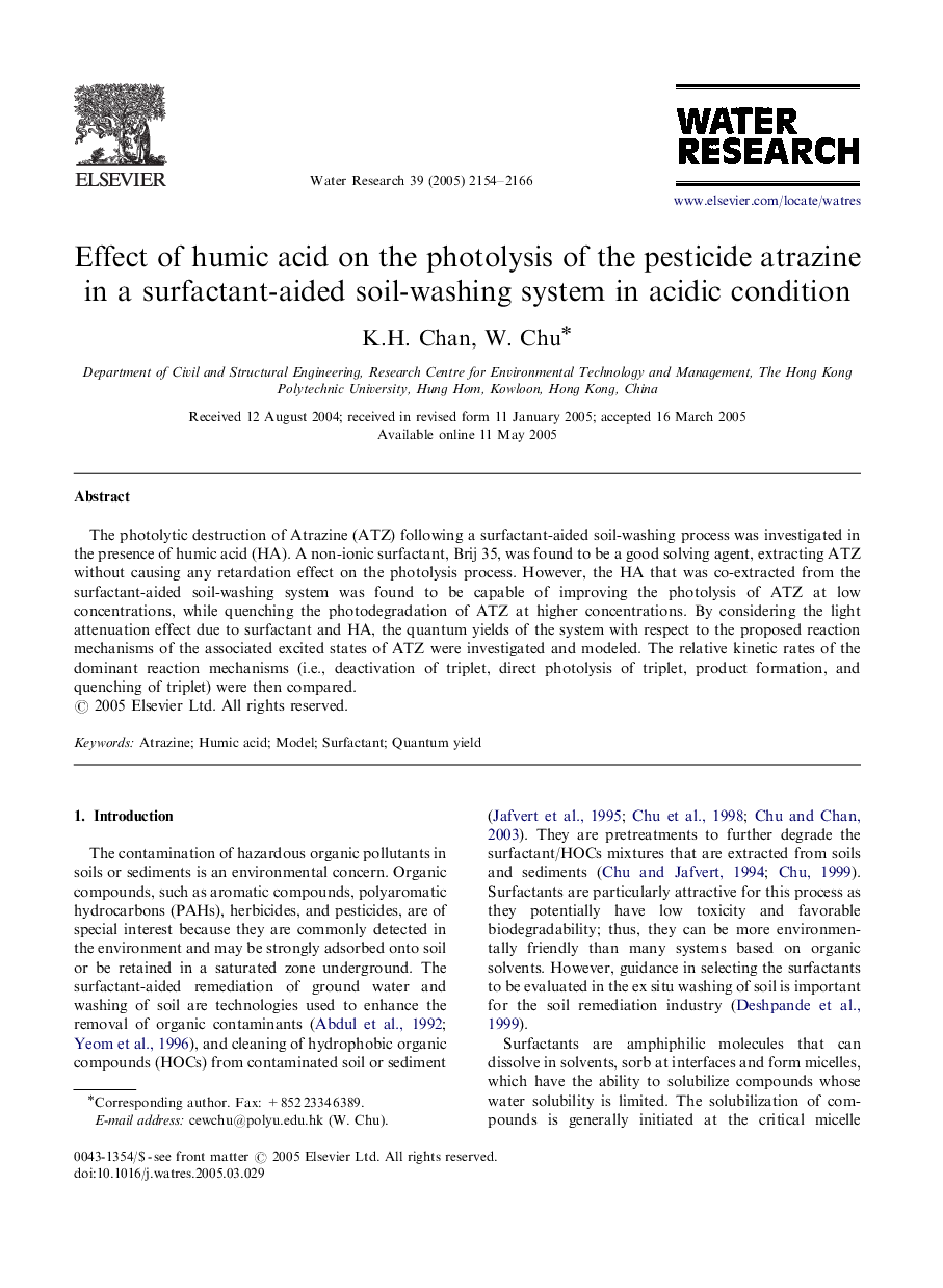 Effect of humic acid on the photolysis of the pesticide atrazine in a surfactant-aided soil-washing system in acidic condition