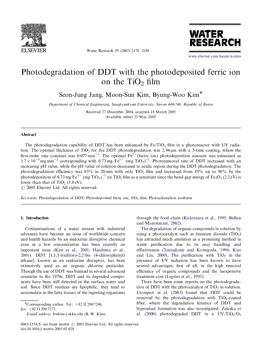 Photodegradation of DDT with the photodeposited ferric ion on the TiO2 film