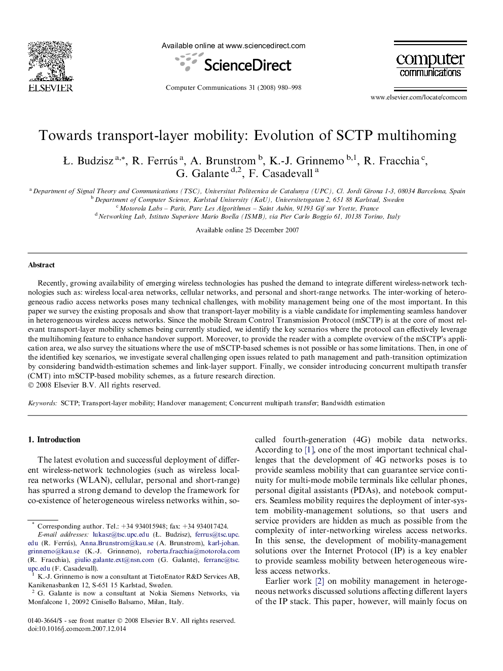 Towards transport-layer mobility: Evolution of SCTP multihoming