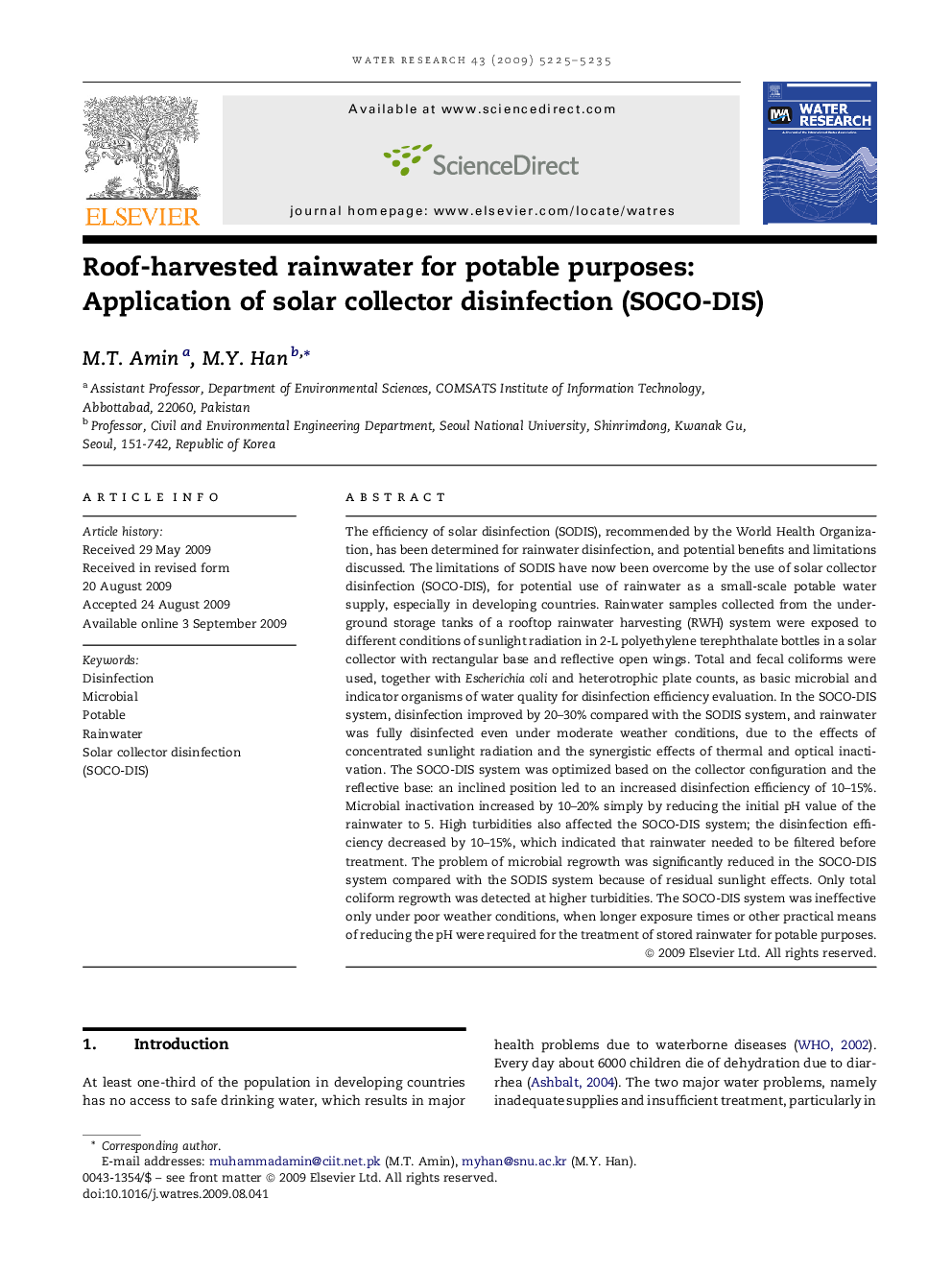 Roof-harvested rainwater for potable purposes: Application of solar collector disinfection (SOCO-DIS)