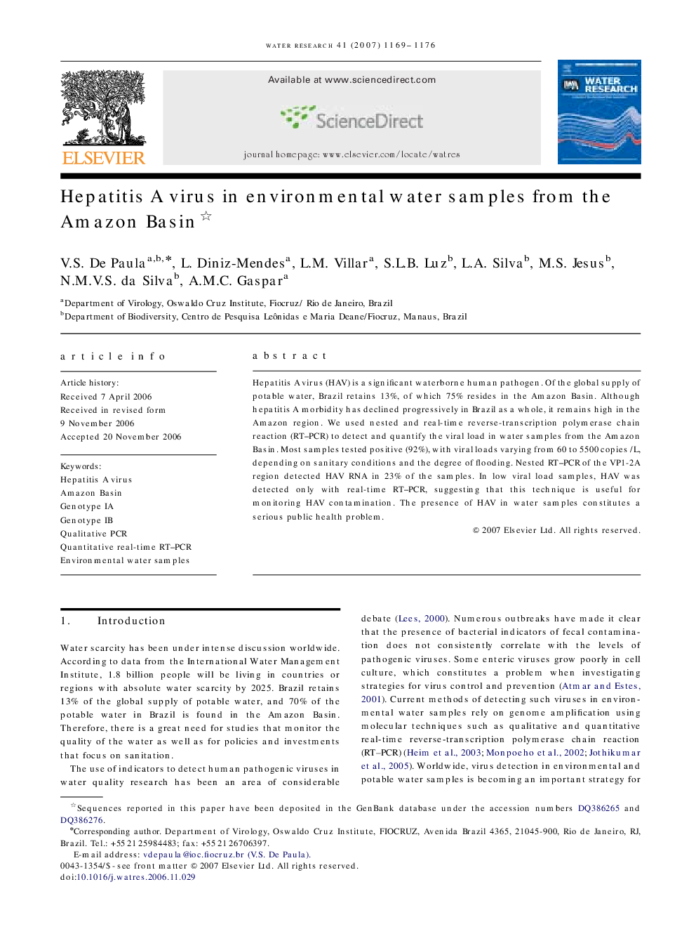 Hepatitis A virus in environmental water samples from the Amazon Basin 