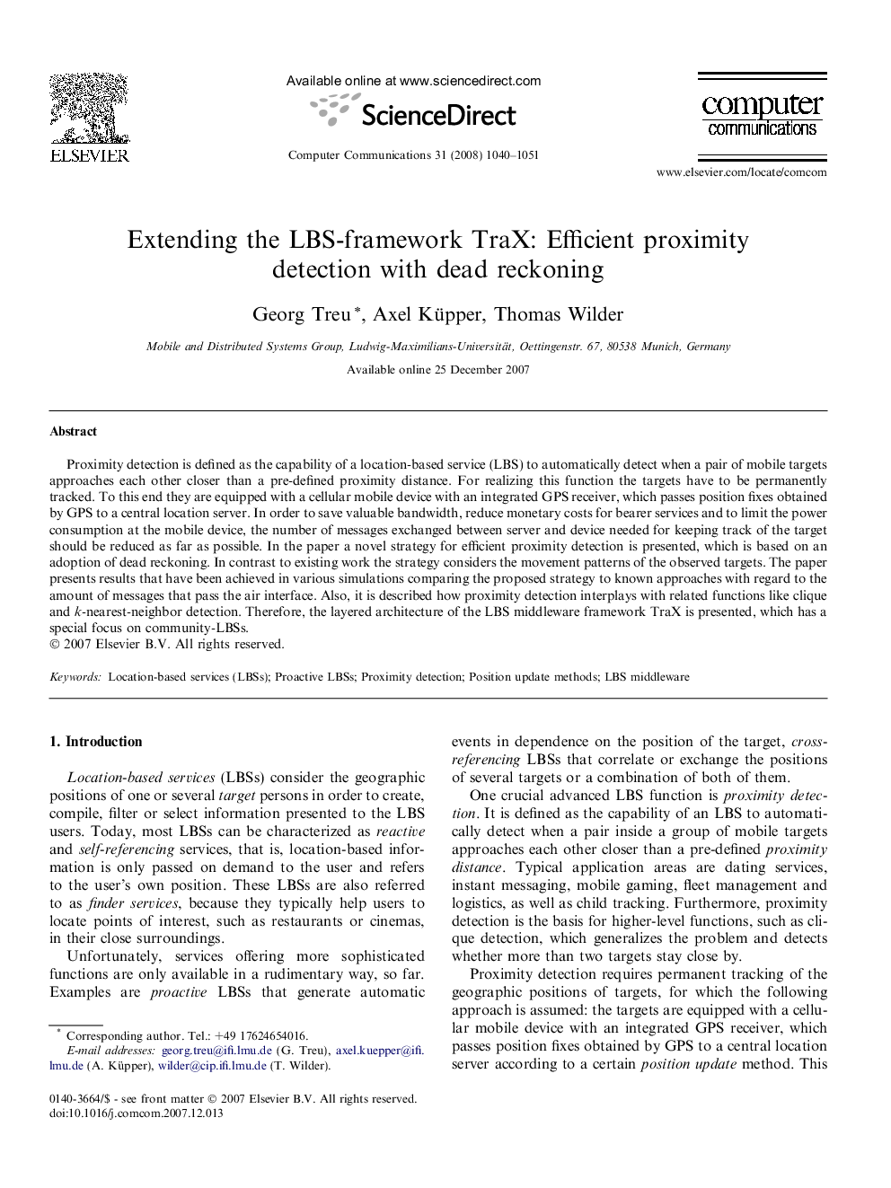 Extending the LBS-framework TraX: Efficient proximity detection with dead reckoning