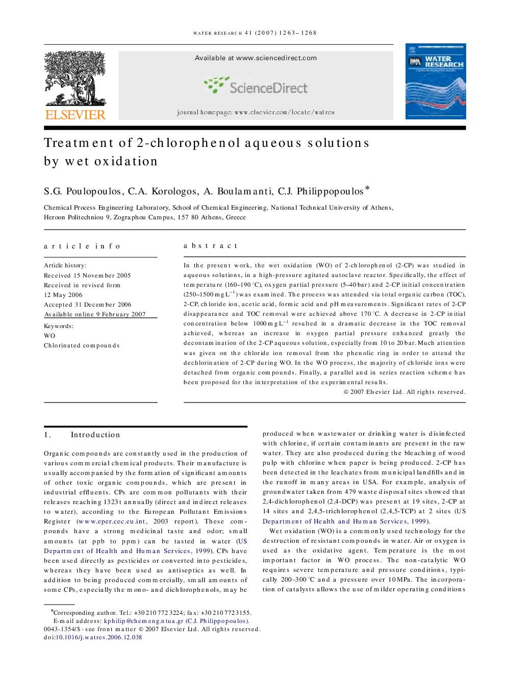 Treatment of 2-chlorophenol aqueous solutions by wet oxidation