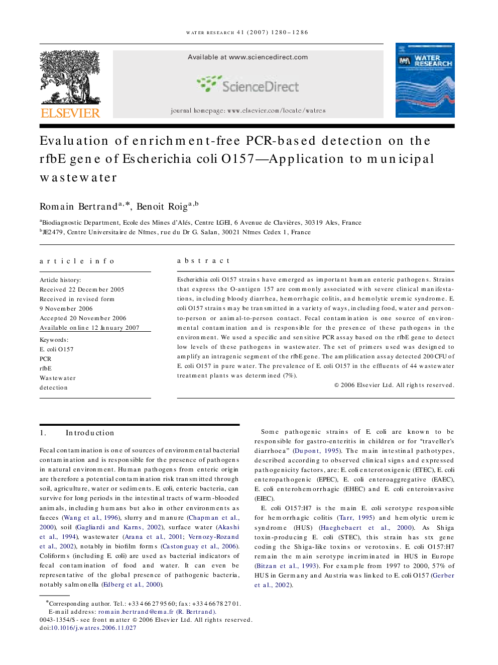 Evaluation of enrichment-free PCR-based detection on the rfbE gene of Escherichia coli O157—Application to municipal wastewater