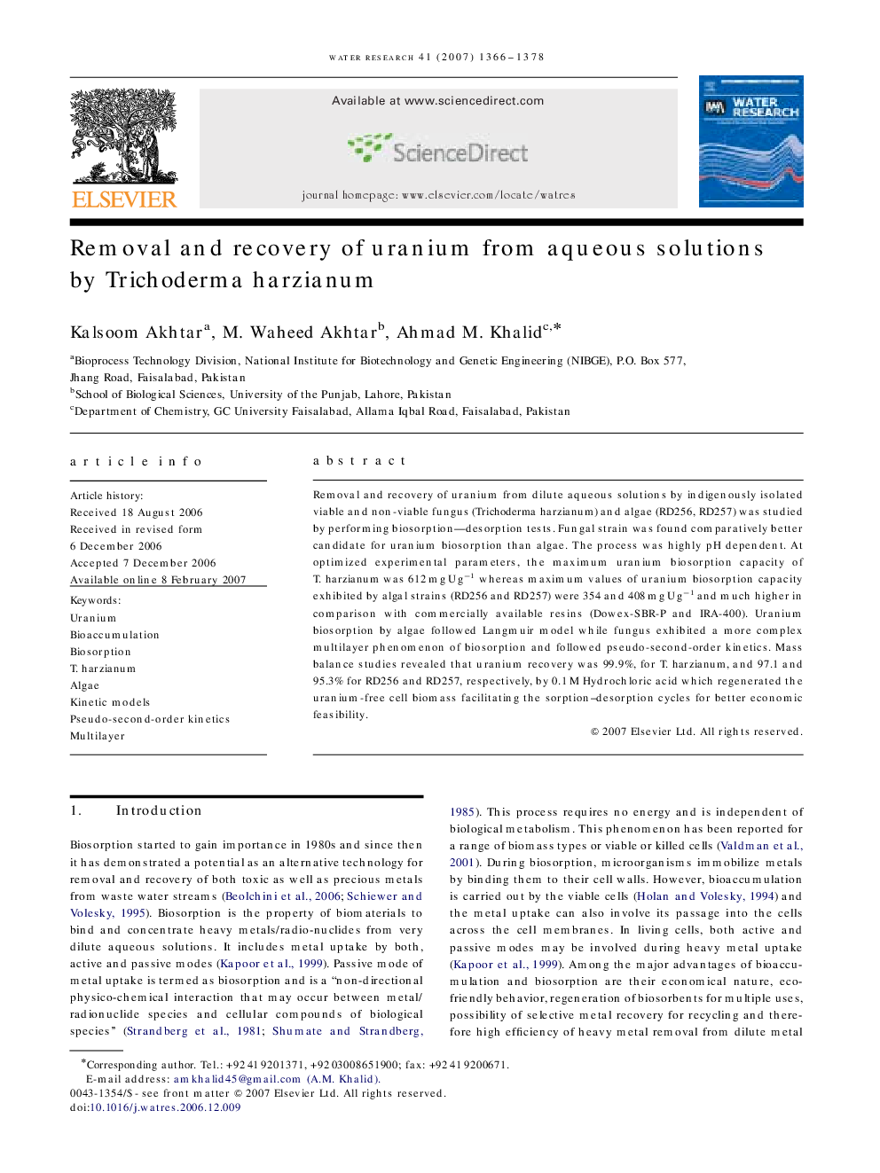 Removal and recovery of uranium from aqueous solutions by Trichoderma harzianum