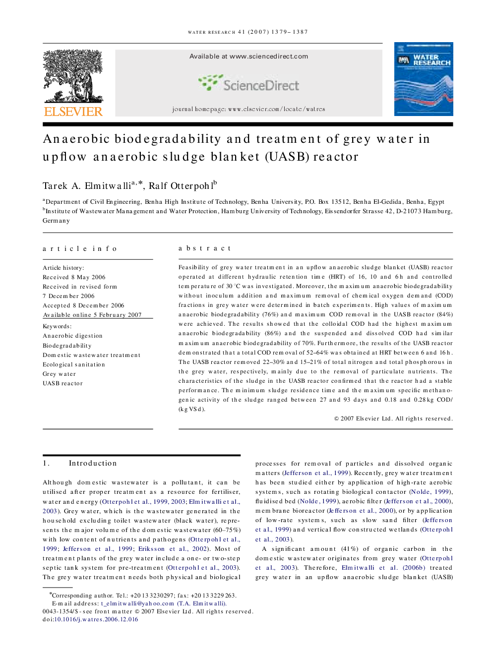 Anaerobic biodegradability and treatment of grey water in upflow anaerobic sludge blanket (UASB) reactor