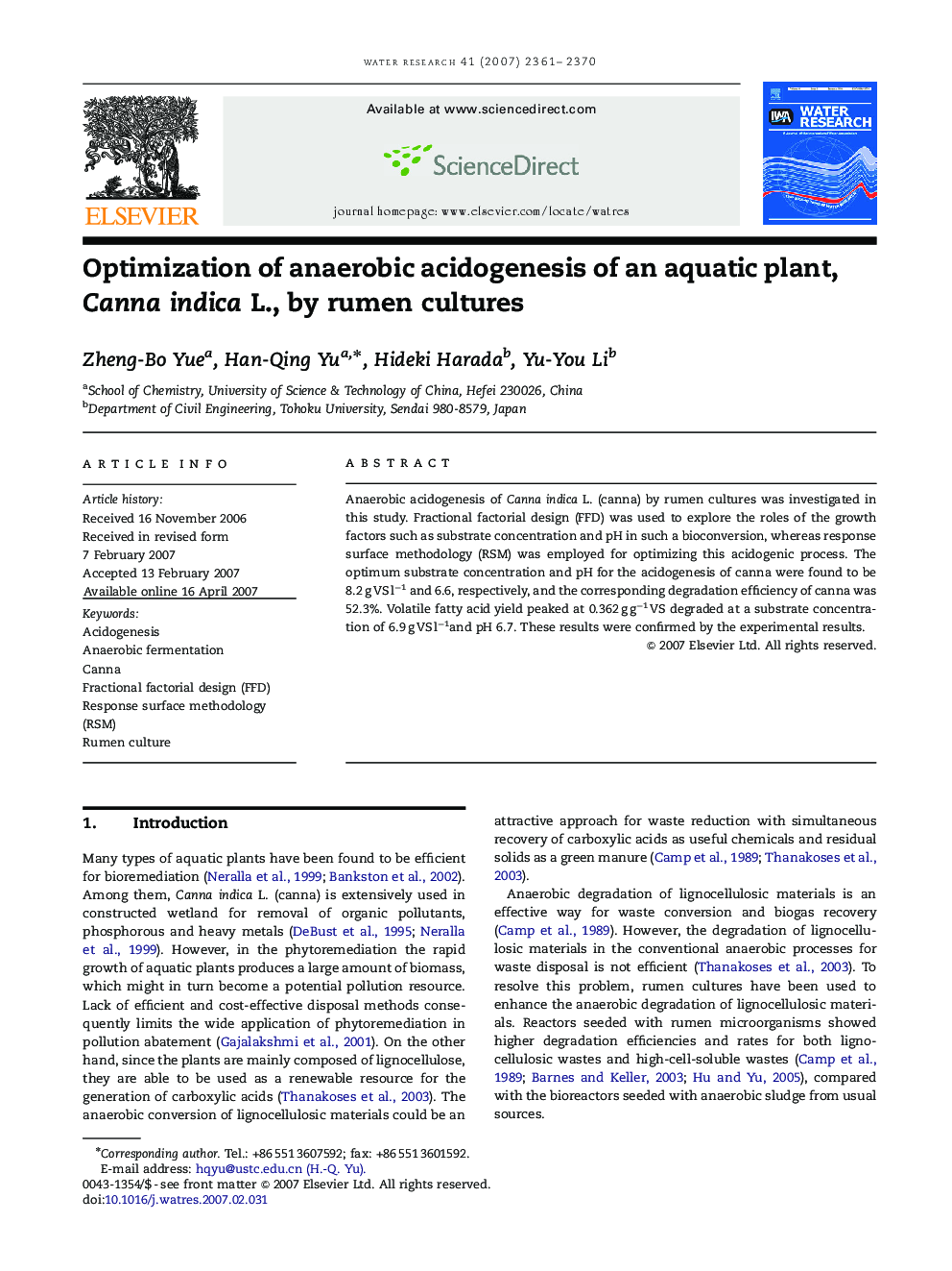 Optimization of anaerobic acidogenesis of an aquatic plant, Canna indica L., by rumen cultures