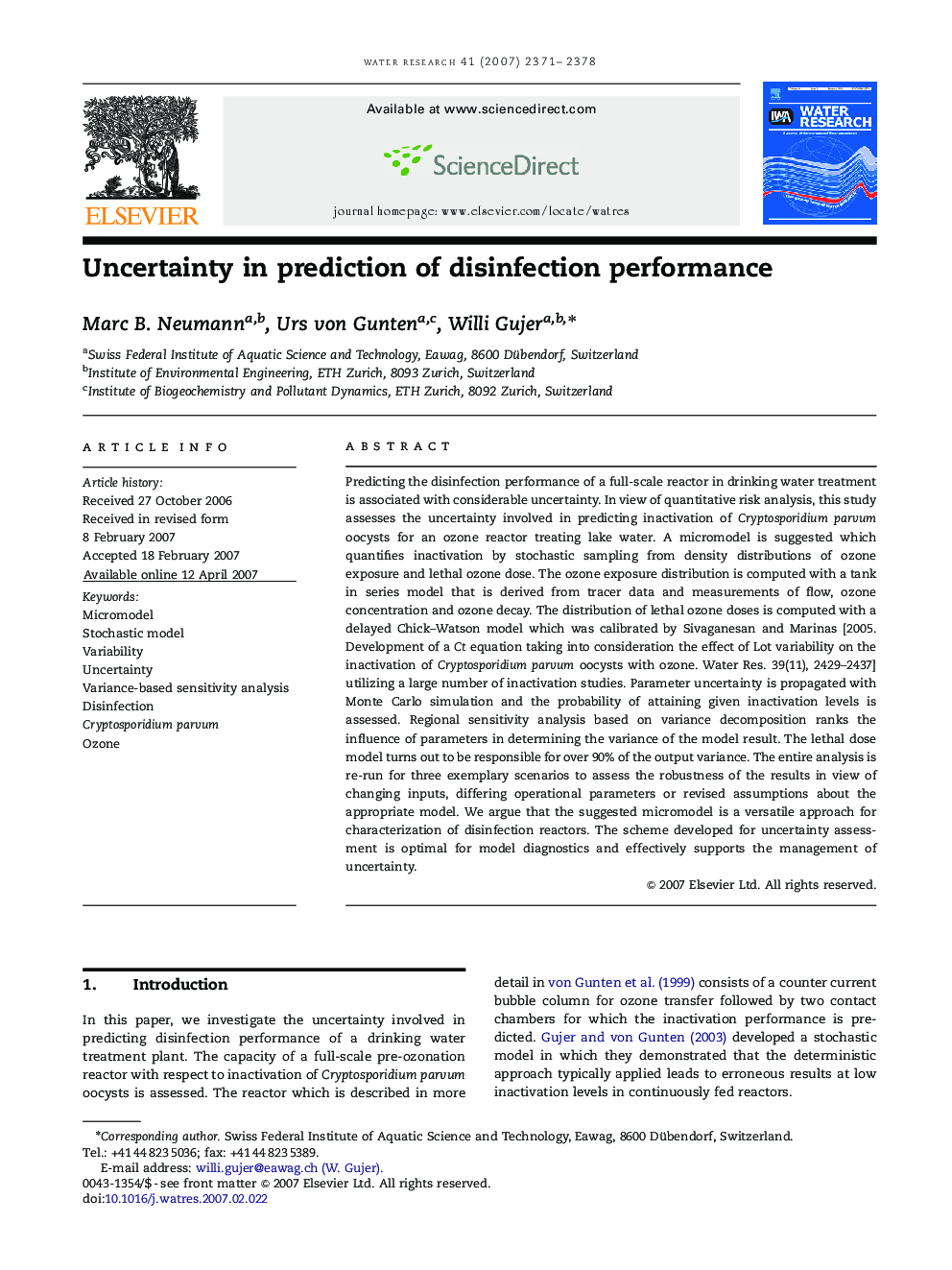 Uncertainty in prediction of disinfection performance