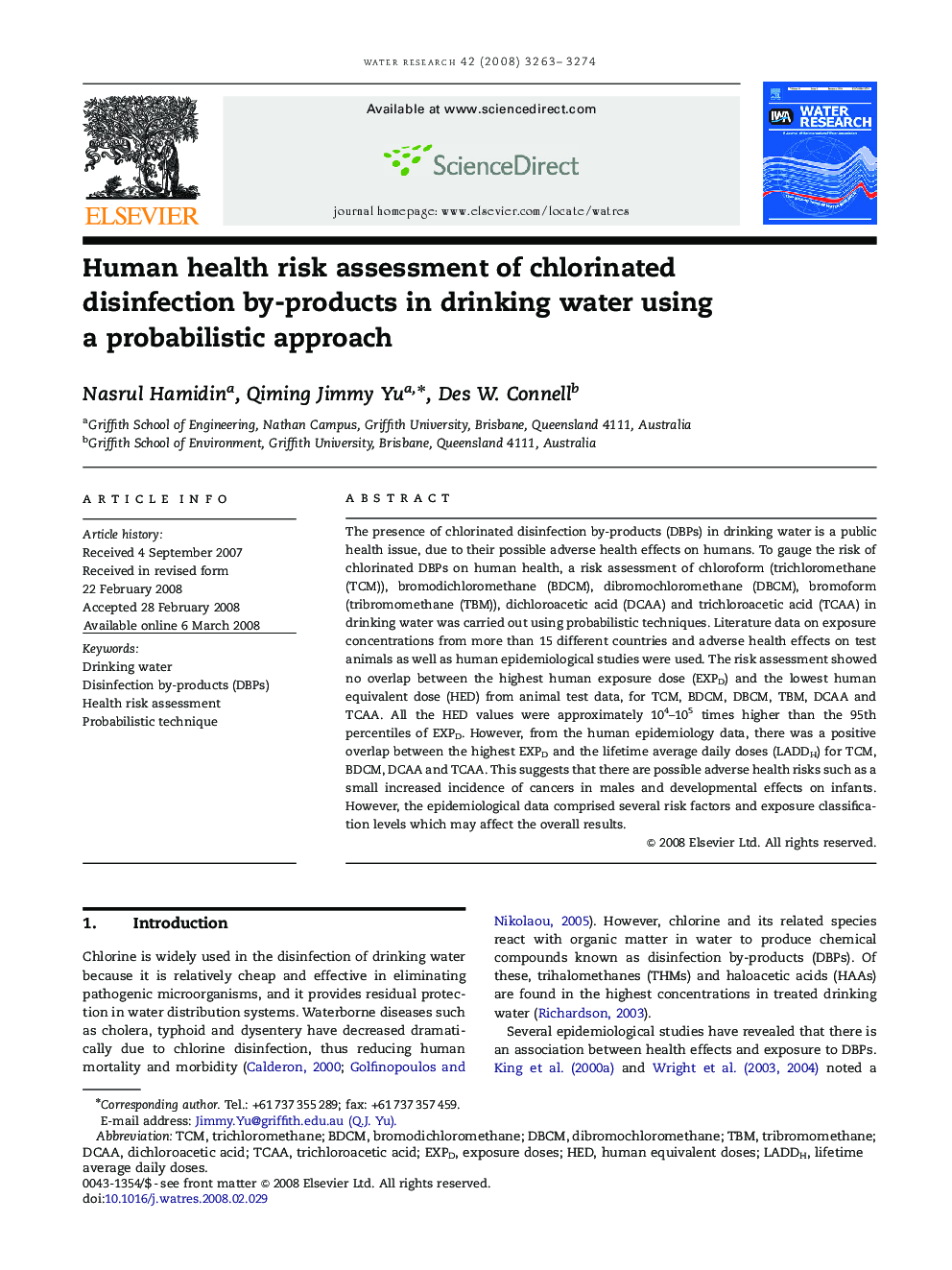 Human health risk assessment of chlorinated disinfection by-products in drinking water using a probabilistic approach