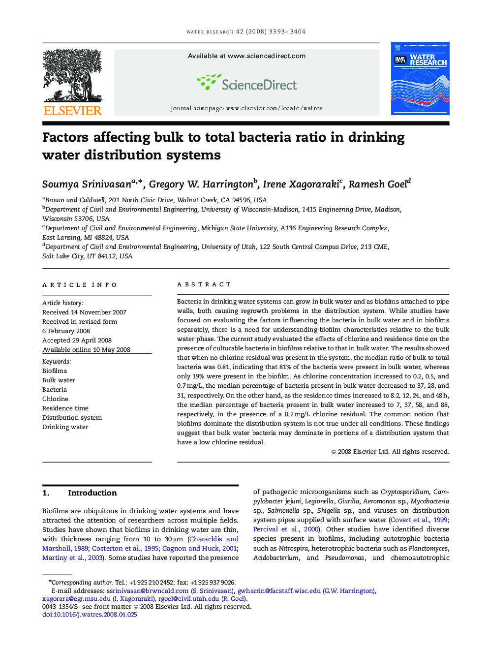 Factors affecting bulk to total bacteria ratio in drinking water distribution systems