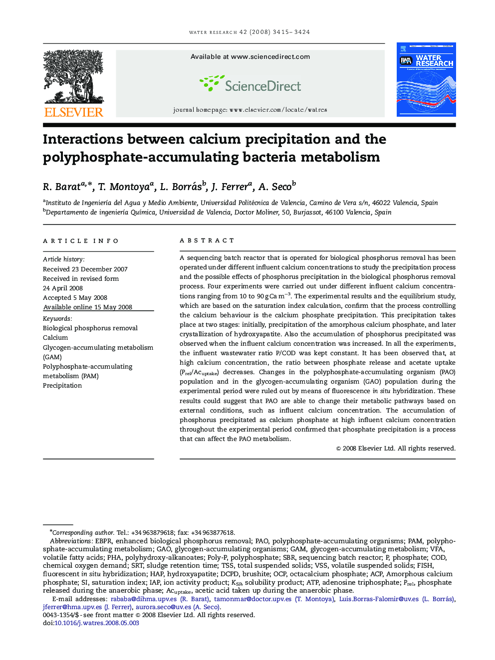 Interactions between calcium precipitation and the polyphosphate-accumulating bacteria metabolism