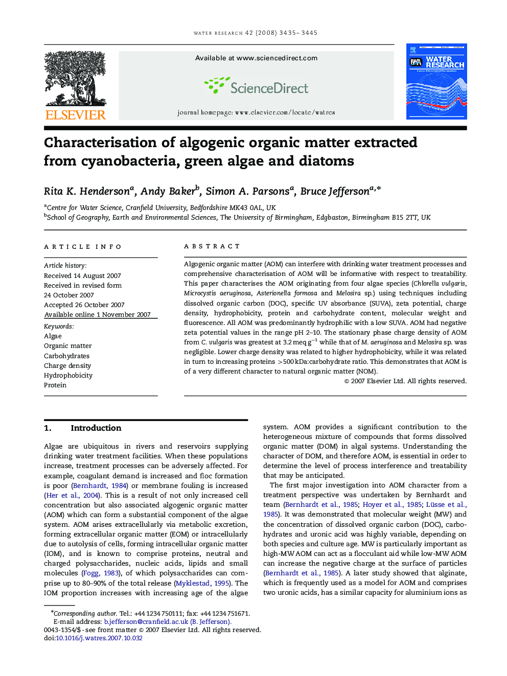 Characterisation of algogenic organic matter extracted from cyanobacteria, green algae and diatoms