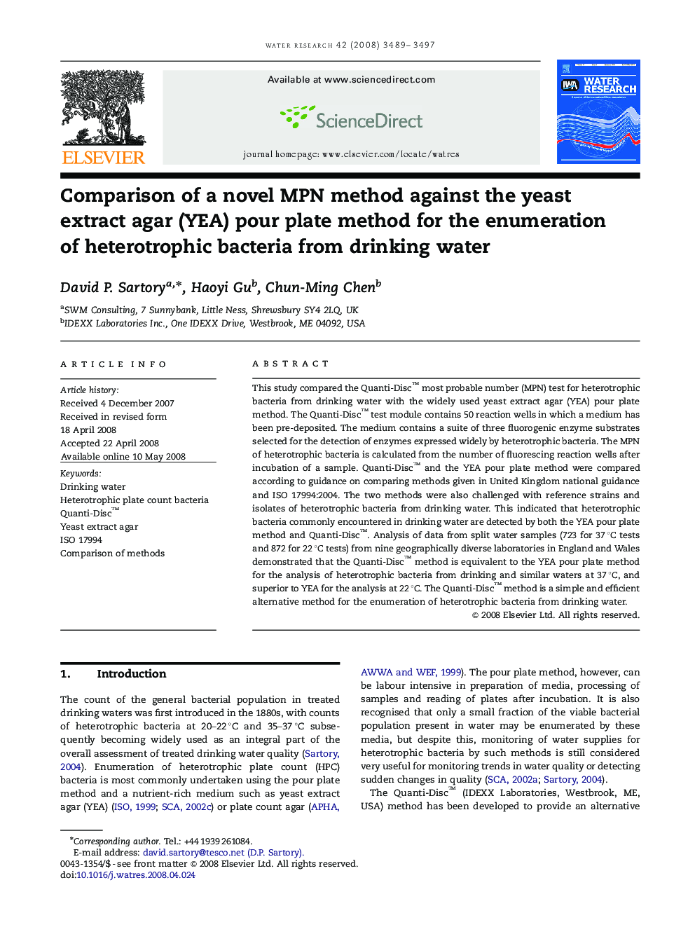 Comparison of a novel MPN method against the yeast extract agar (YEA) pour plate method for the enumeration of heterotrophic bacteria from drinking water