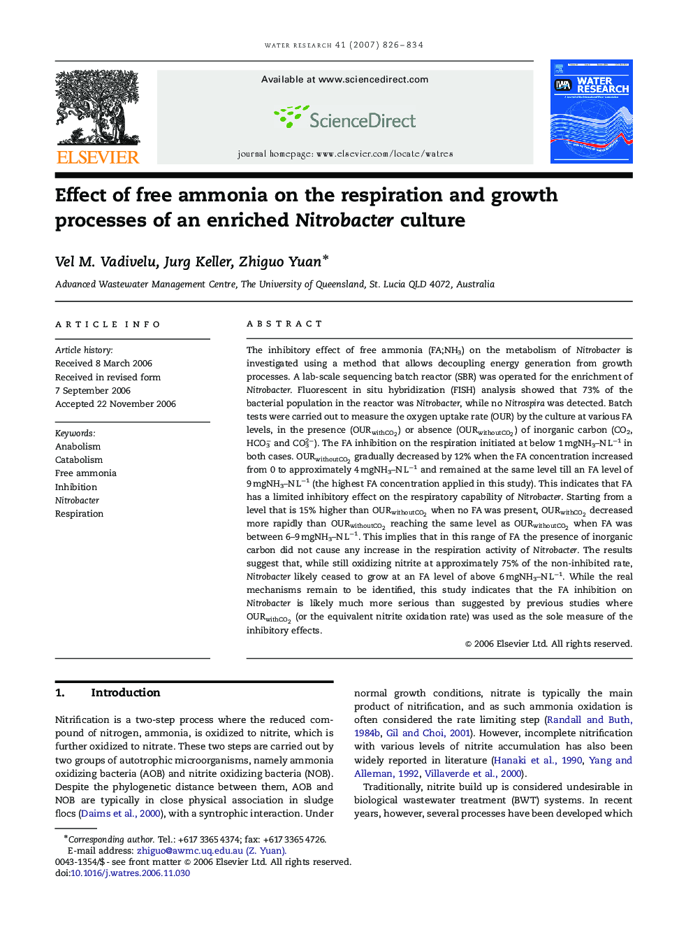 Effect of free ammonia on the respiration and growth processes of an enriched Nitrobacter culture