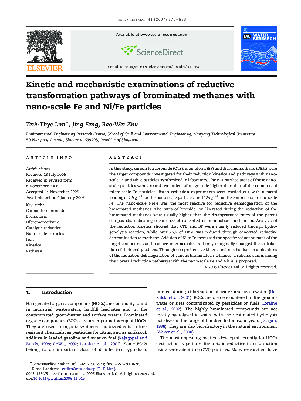 Kinetic and mechanistic examinations of reductive transformation pathways of brominated methanes with nano-scale Fe and Ni/Fe particles