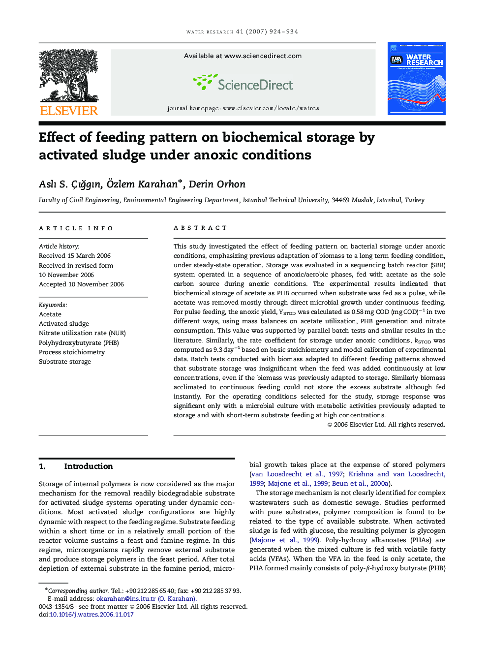 Effect of feeding pattern on biochemical storage by activated sludge under anoxic conditions