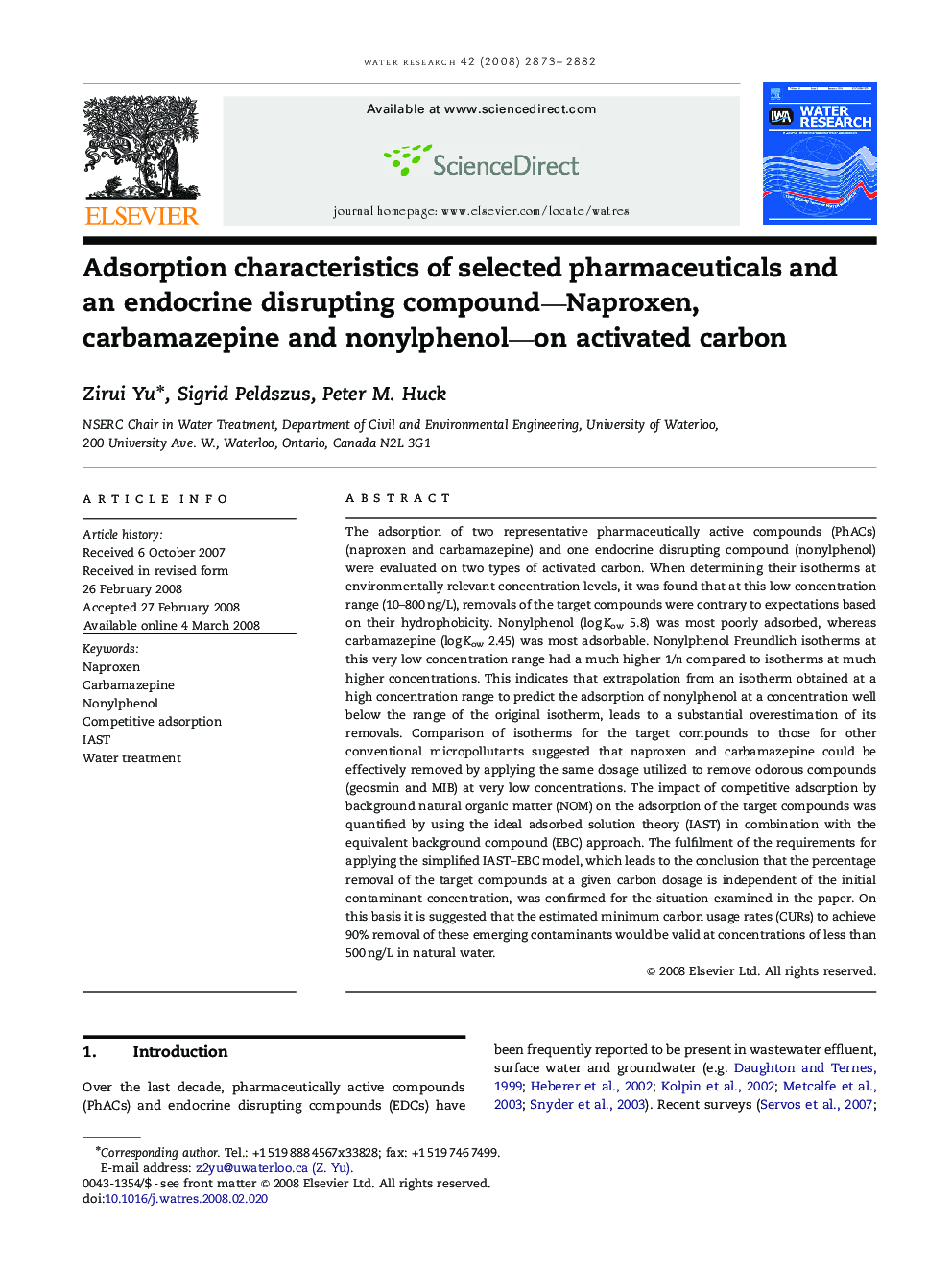 Adsorption characteristics of selected pharmaceuticals and an endocrine disrupting compound—Naproxen, carbamazepine and nonylphenol—on activated carbon