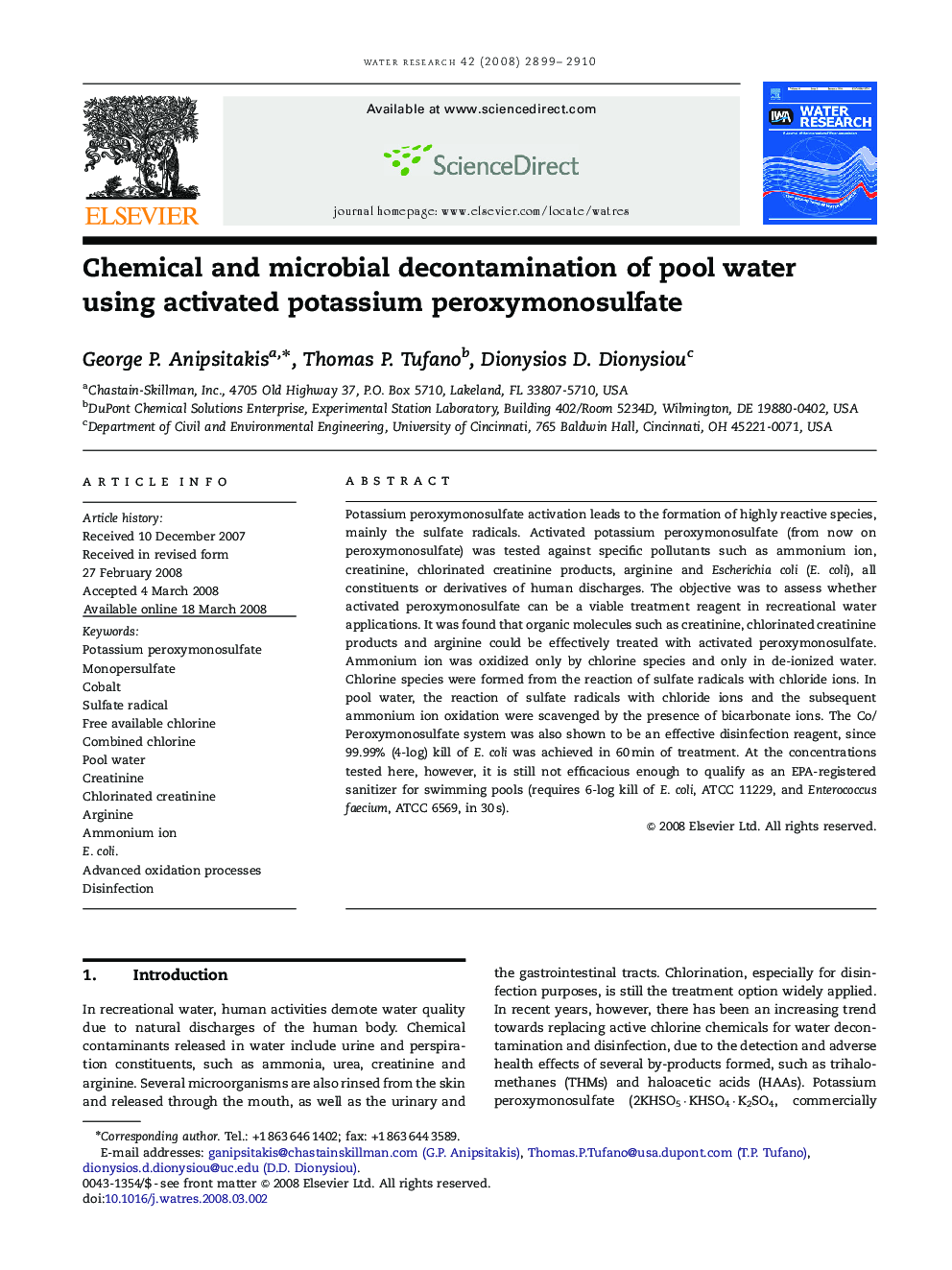 عکس صفحه اول مقاله: Chemical and microbial decontamination of pool water using activated potassium peroxymonosulfate Chemical and microbial decontamination of pool water using activated potassium peroxymonosulfate