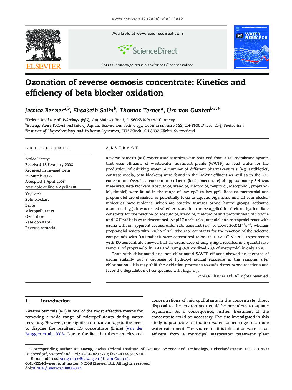 Ozonation of reverse osmosis concentrate: Kinetics and efficiency of beta blocker oxidation