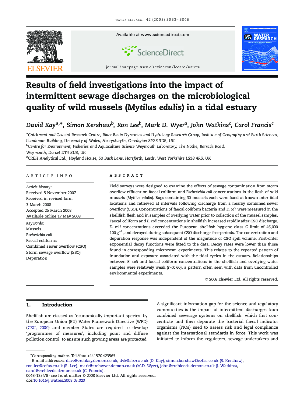 Results of field investigations into the impact of intermittent sewage discharges on the microbiological quality of wild mussels (Mytilus edulis) in a tidal estuary