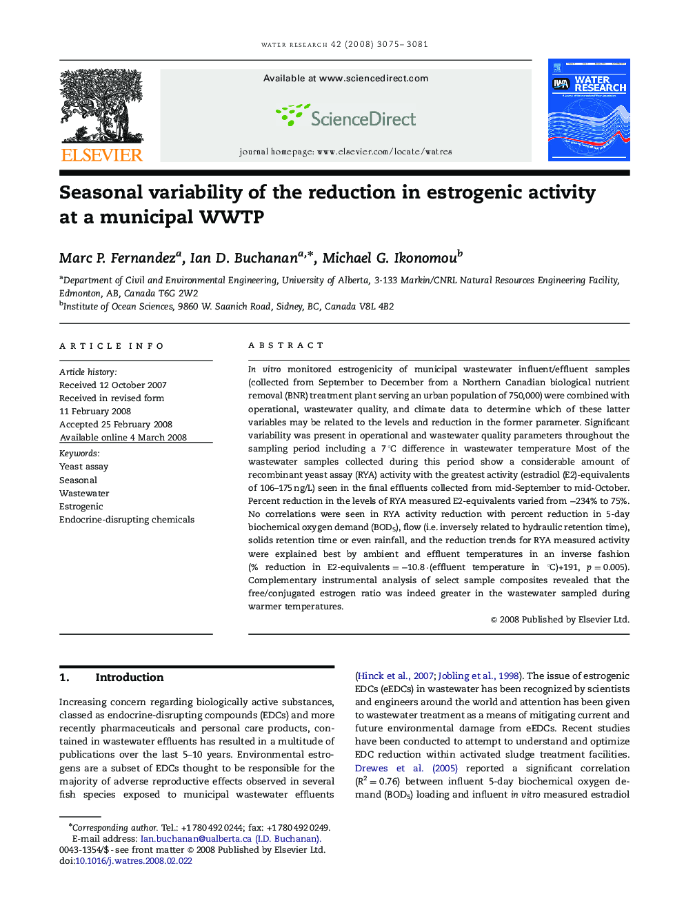 Seasonal variability of the reduction in estrogenic activity at a municipal WWTP