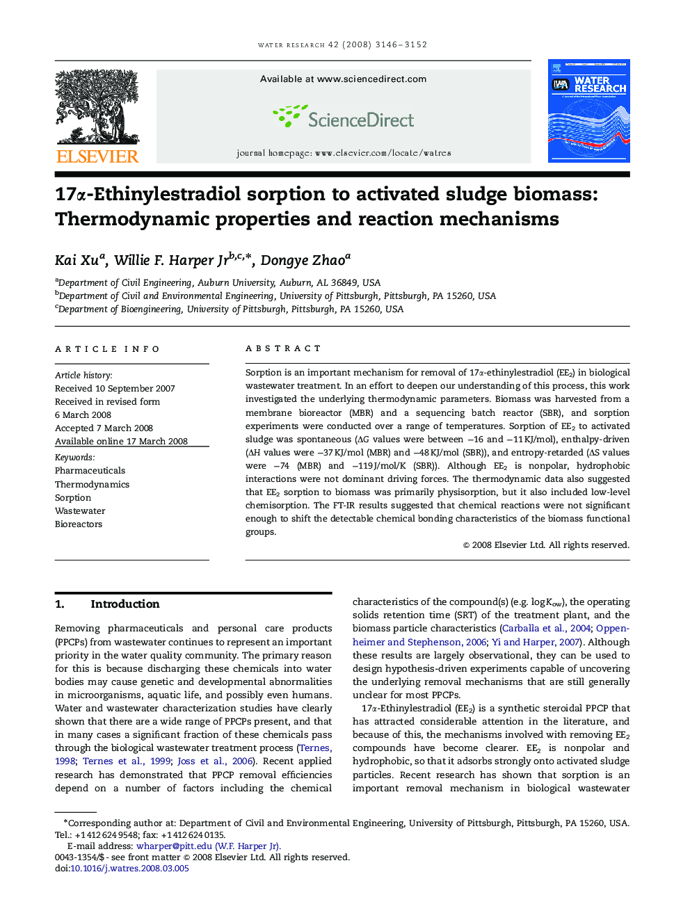 17α-Ethinylestradiol sorption to activated sludge biomass: Thermodynamic properties and reaction mechanisms