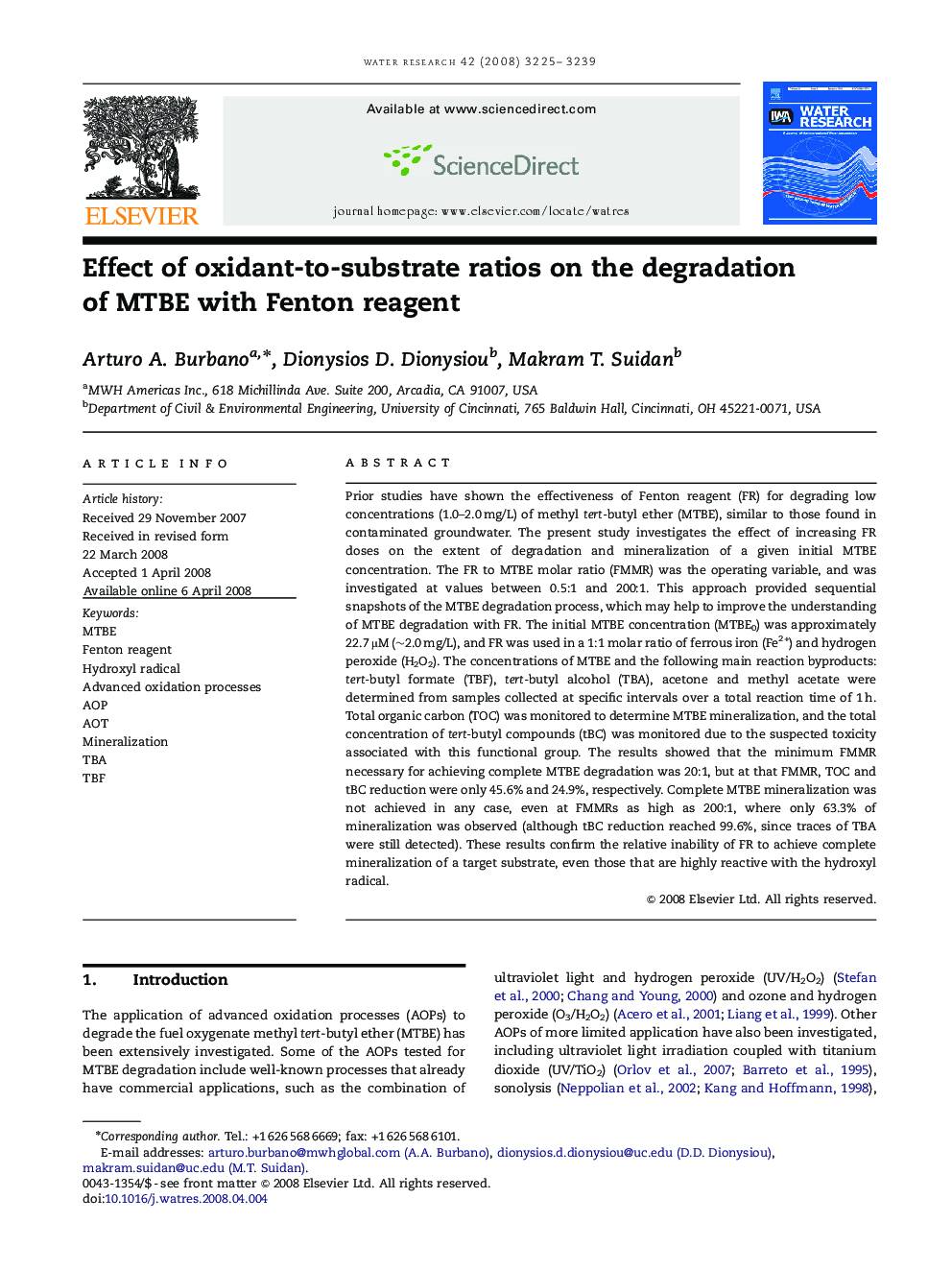 Effect of oxidant-to-substrate ratios on the degradation of MTBE with Fenton reagent