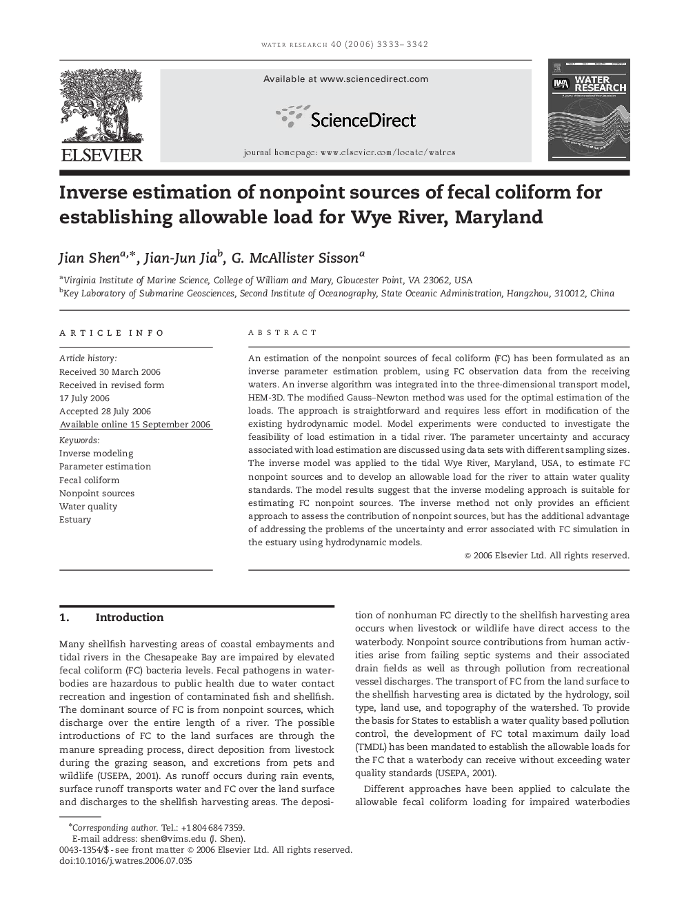 Inverse estimation of nonpoint sources of fecal coliform for establishing allowable load for Wye River, Maryland