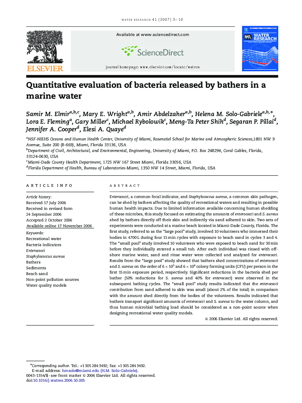 Quantitative evaluation of bacteria released by bathers in a marine water