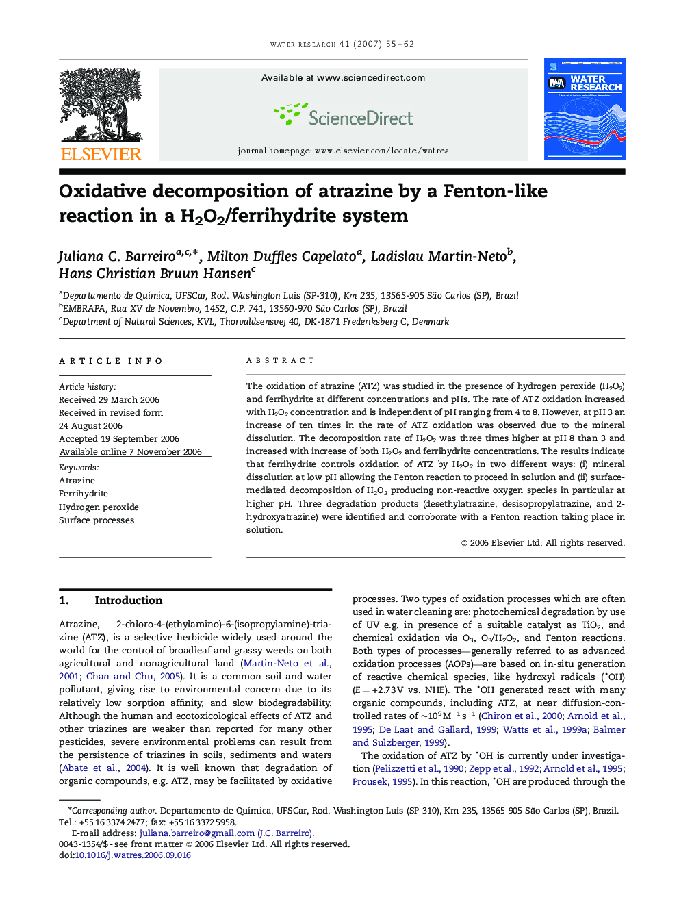 Oxidative decomposition of atrazine by a Fenton-like reaction in a H2O2/ferrihydrite system