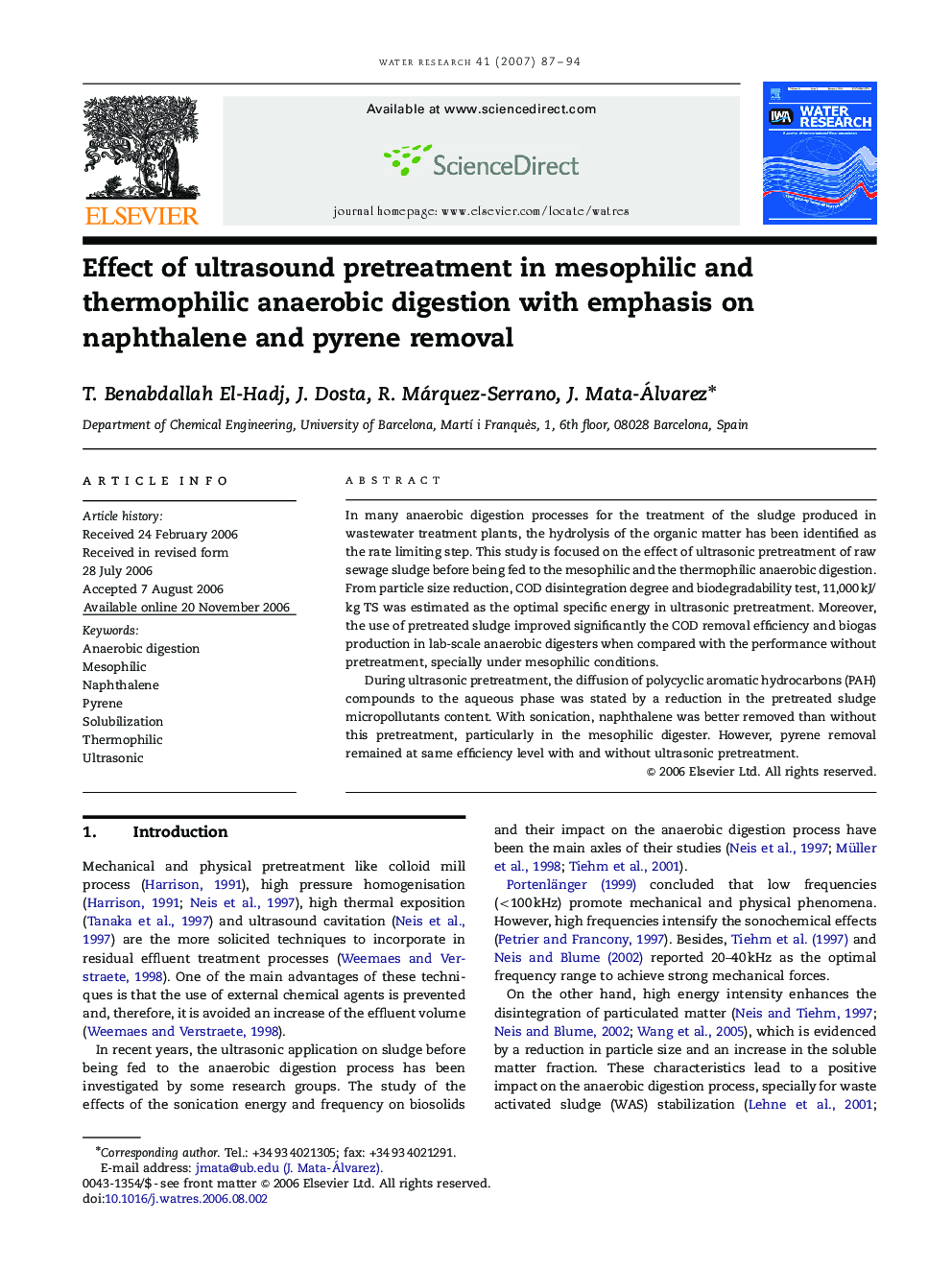 Effect of ultrasound pretreatment in mesophilic and thermophilic anaerobic digestion with emphasis on naphthalene and pyrene removal