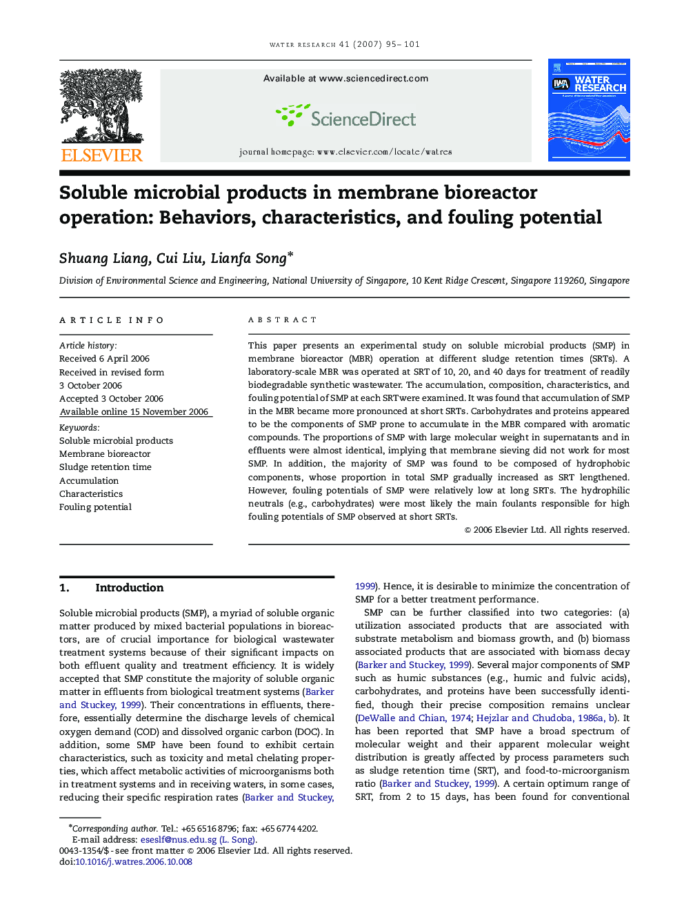 Soluble microbial products in membrane bioreactor operation: Behaviors, characteristics, and fouling potential