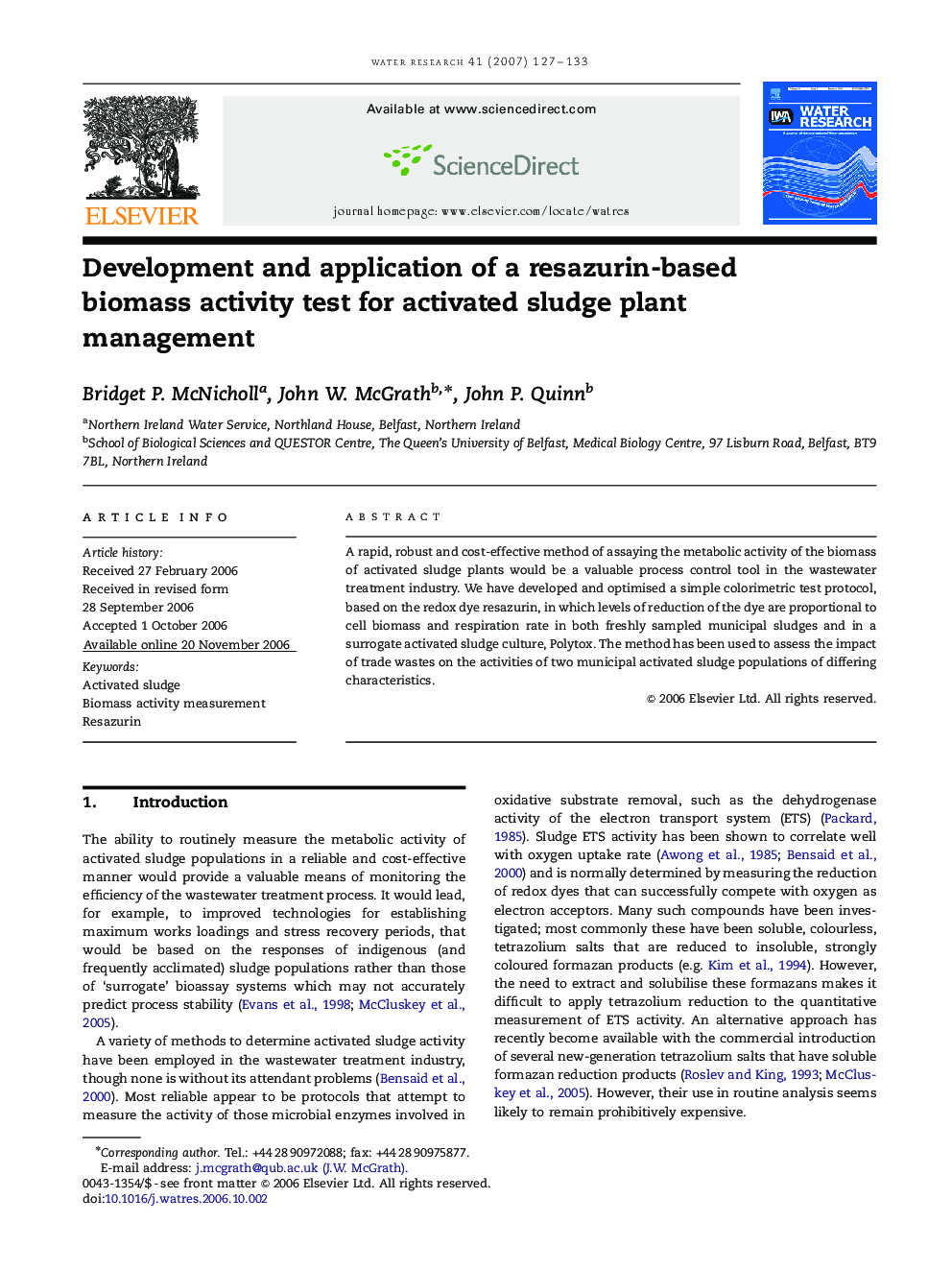 Development and application of a resazurin-based biomass activity test for activated sludge plant management