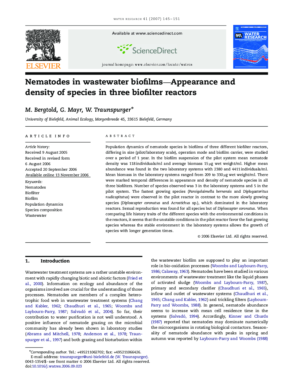 Nematodes in wastewater biofilms—Appearance and density of species in three biofilter reactors