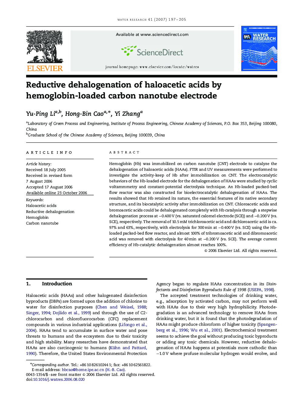 Reductive dehalogenation of haloacetic acids by hemoglobin-loaded carbon nanotube electrode