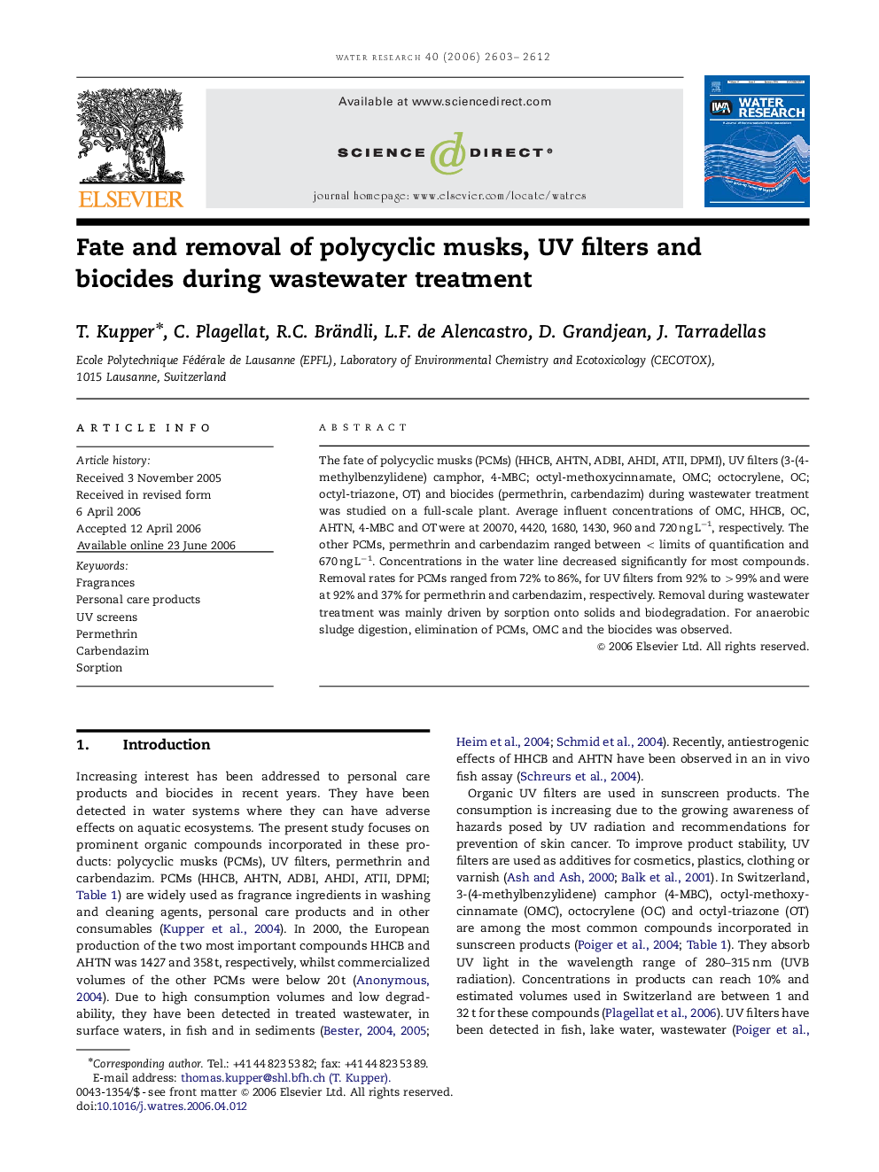 Fate and removal of polycyclic musks, UV filters and biocides during wastewater treatment