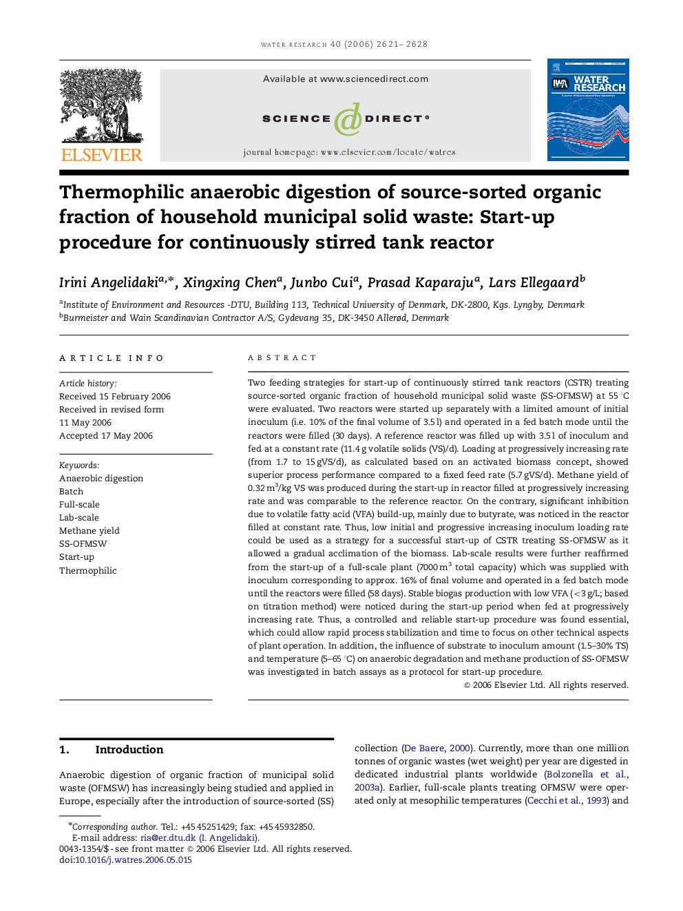 Thermophilic anaerobic digestion of source-sorted organic fraction of household municipal solid waste: Start-up procedure for continuously stirred tank reactor