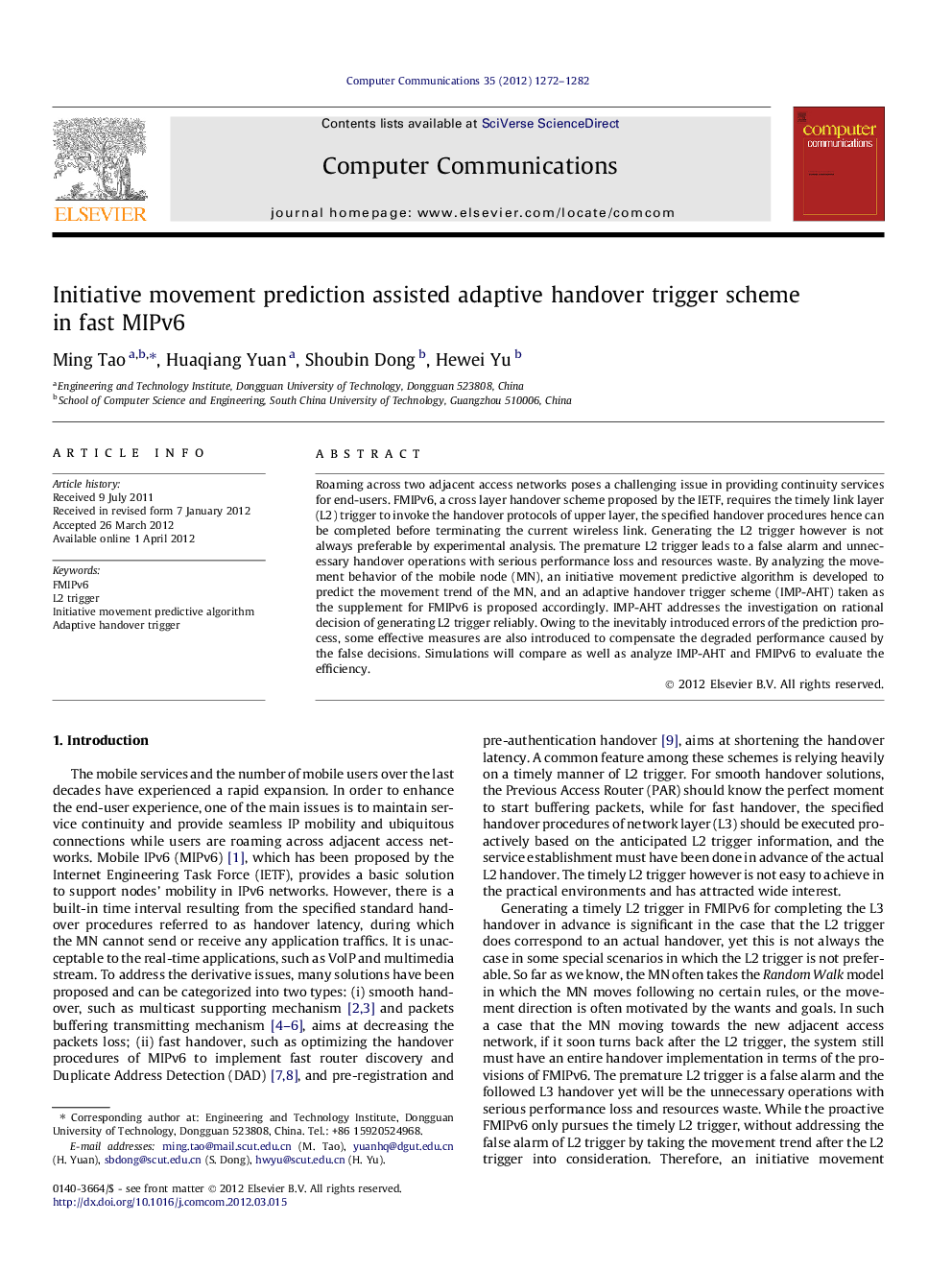 Initiative movement prediction assisted adaptive handover trigger scheme in fast MIPv6