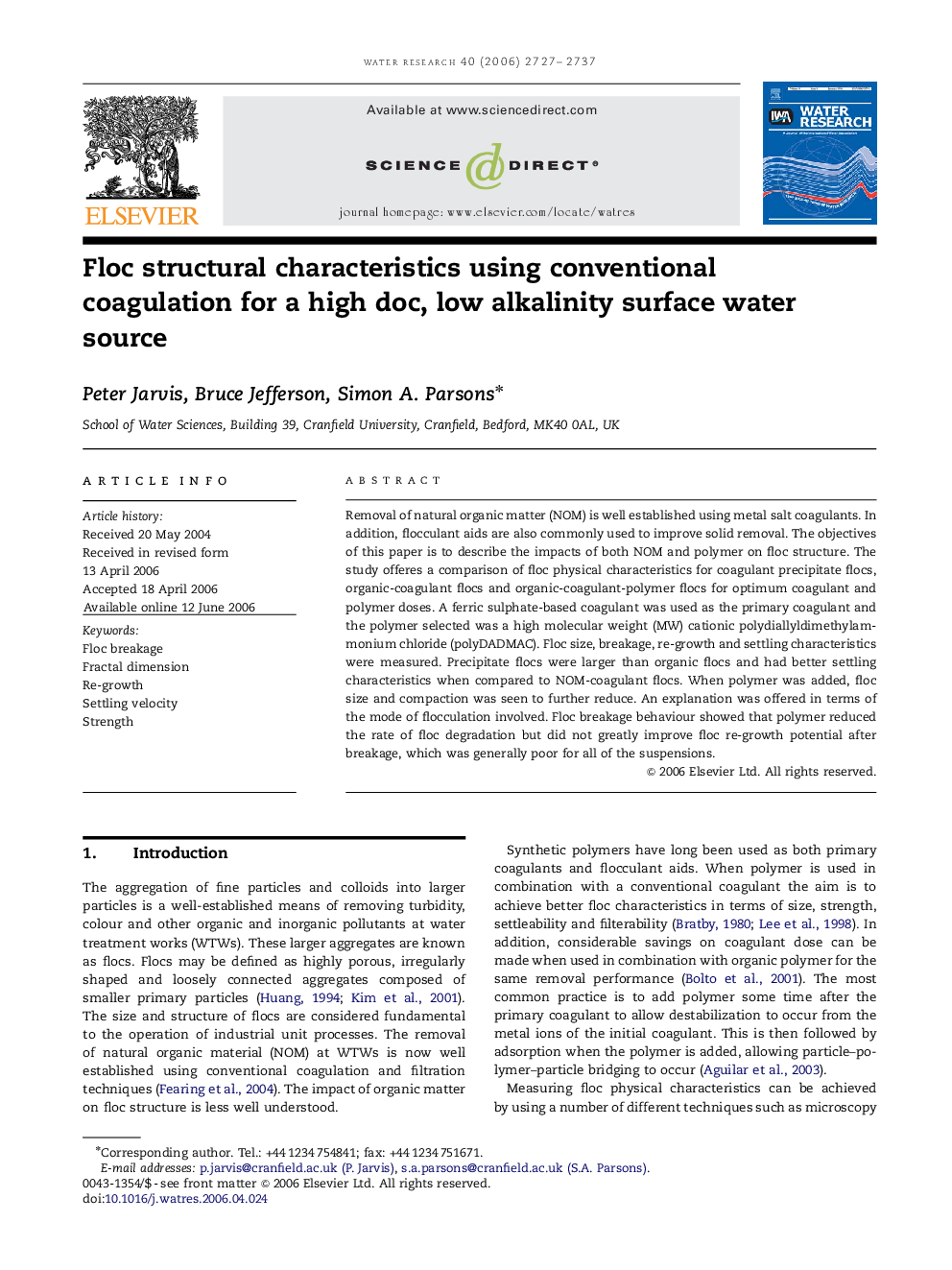 Floc structural characteristics using conventional coagulation for a high doc, low alkalinity surface water source