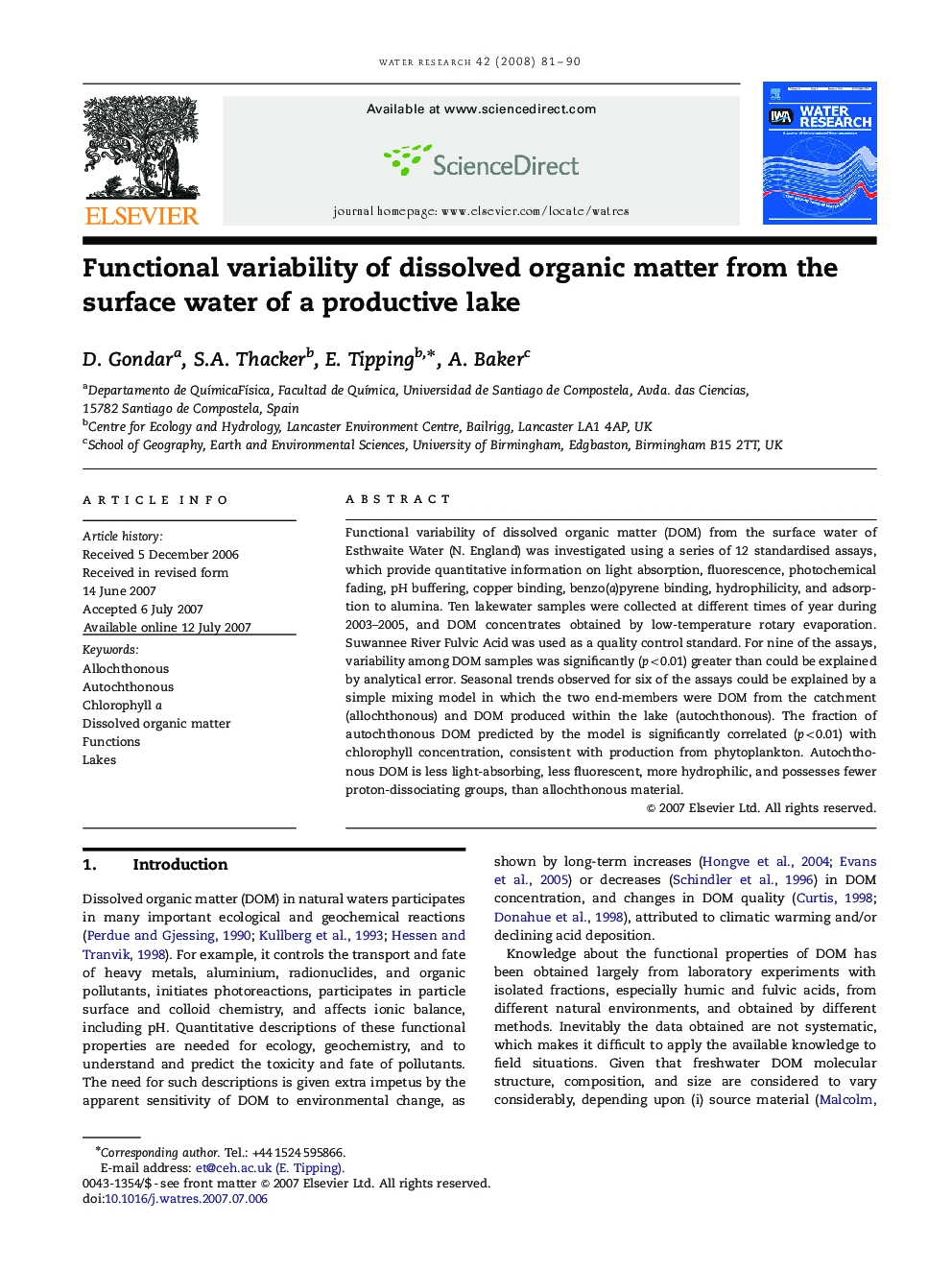 Functional variability of dissolved organic matter from the surface water of a productive lake