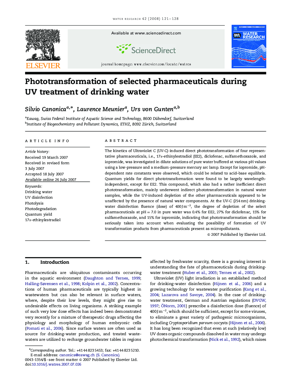 Phototransformation of selected pharmaceuticals during UV treatment of drinking water