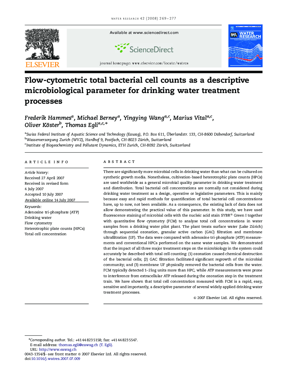 Flow-cytometric total bacterial cell counts as a descriptive microbiological parameter for drinking water treatment processes