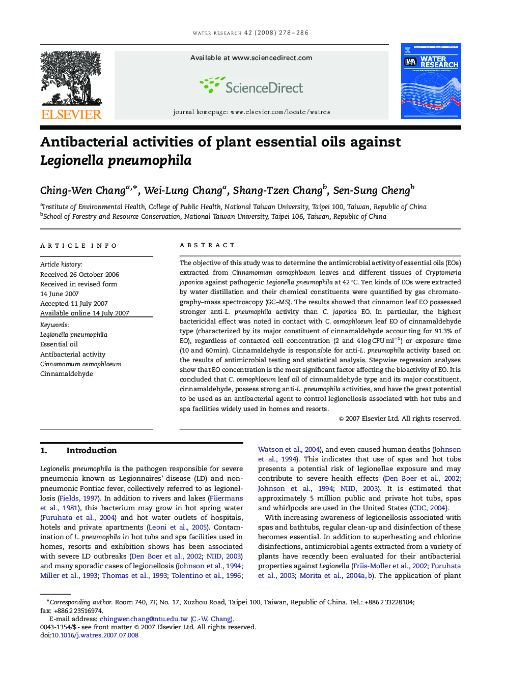 Antibacterial activities of plant essential oils against Legionella pneumophila