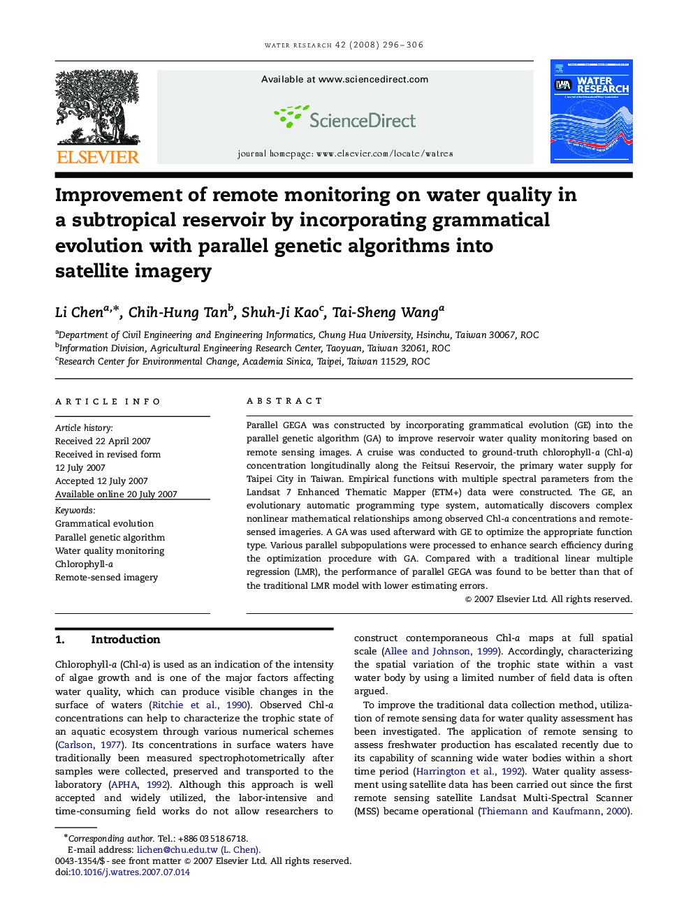 Improvement of remote monitoring on water quality in a subtropical reservoir by incorporating grammatical evolution with parallel genetic algorithms into satellite imagery