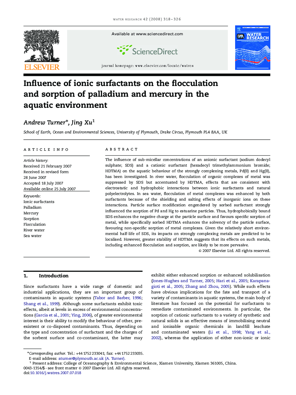 Influence of ionic surfactants on the flocculation and sorption of palladium and mercury in the aquatic environment