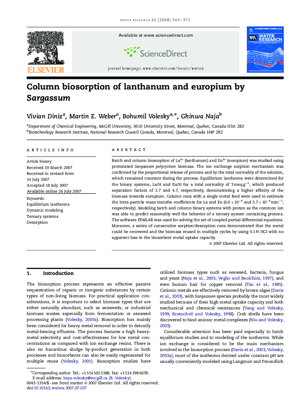 Column biosorption of lanthanum and europium by Sargassum