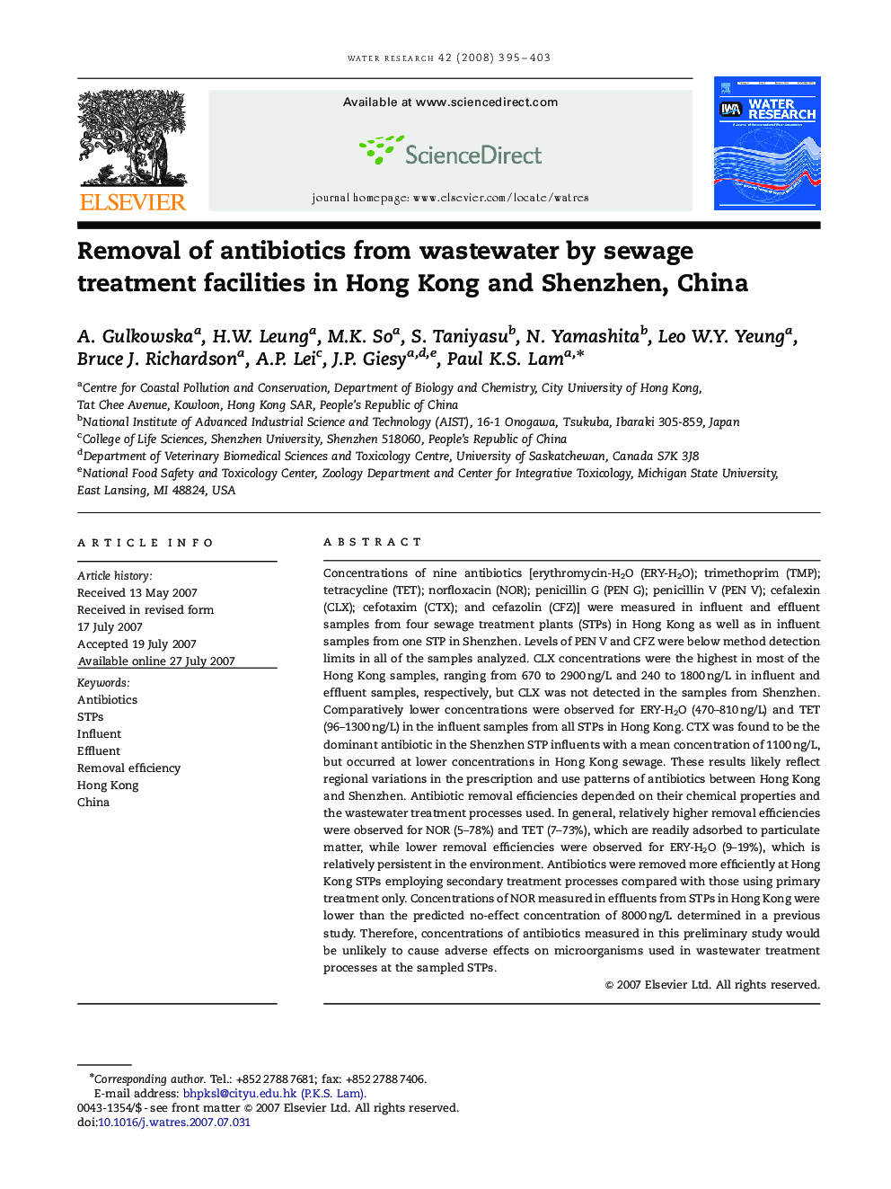 Removal of antibiotics from wastewater by sewage treatment facilities in Hong Kong and Shenzhen, China