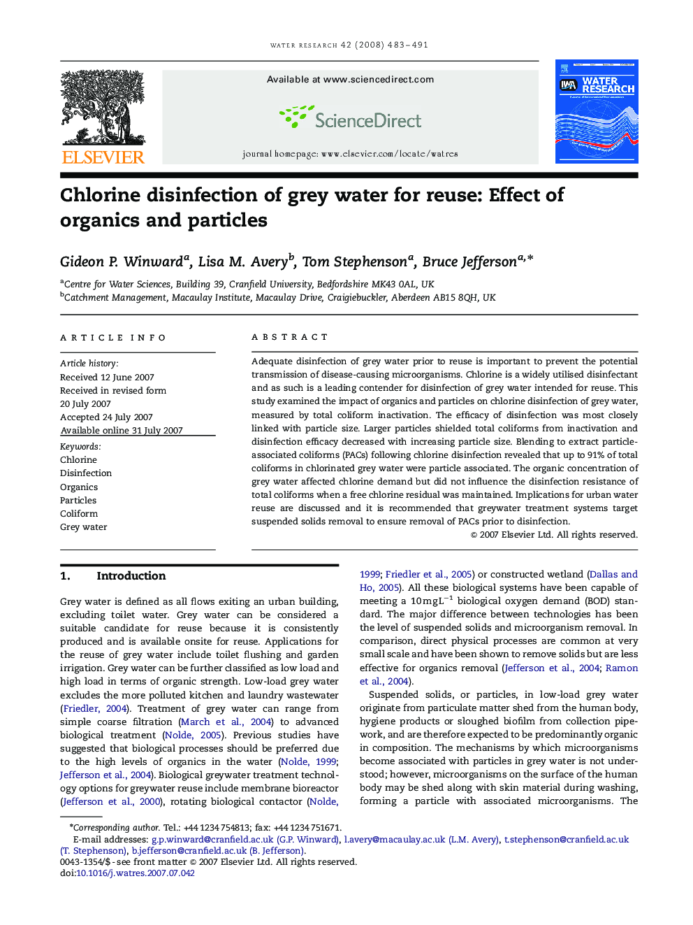 Chlorine disinfection of grey water for reuse: Effect of organics and particles