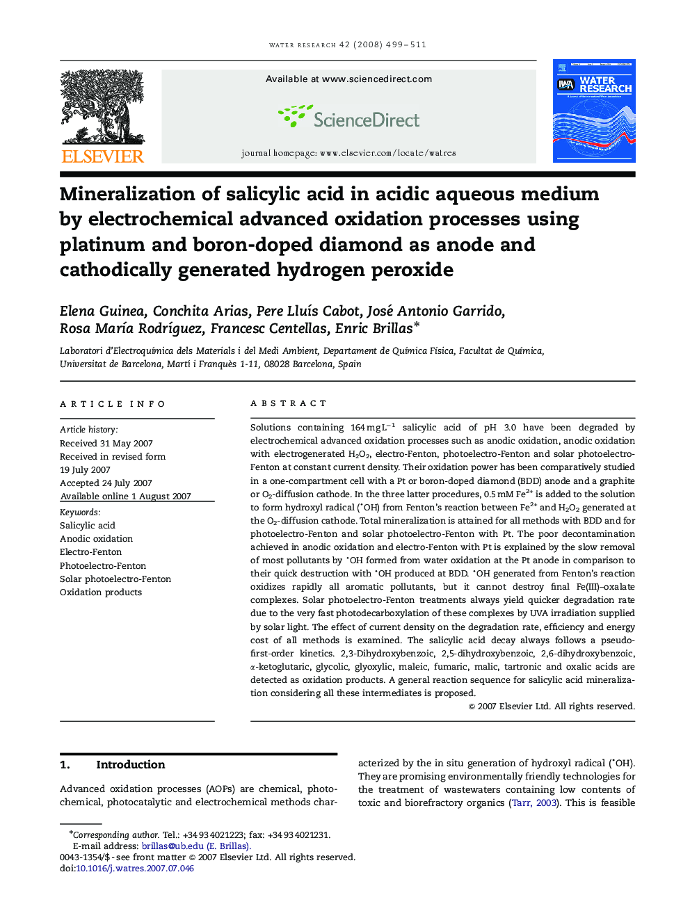 عکس صفحه اول مقاله: Mineralization of salicylic acid in acidic aqueous medium by electrochemical advanced oxidation processes using platinum and boron-doped diamond as anode and cathodically generated hydrogen peroxide Mineralization of salicylic acid in acidic aqueous medium by electrochemical advanced oxidation processes using platinum and boron-doped diamond as anode and cathodically generated hydrogen peroxide