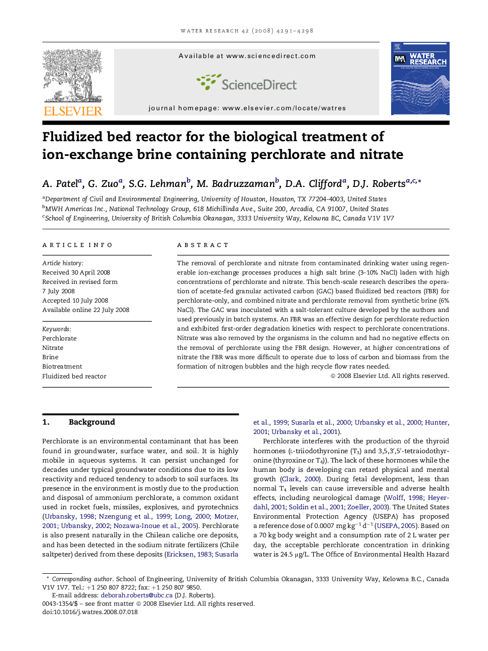 Fluidized bed reactor for the biological treatment of ion-exchange brine containing perchlorate and nitrate